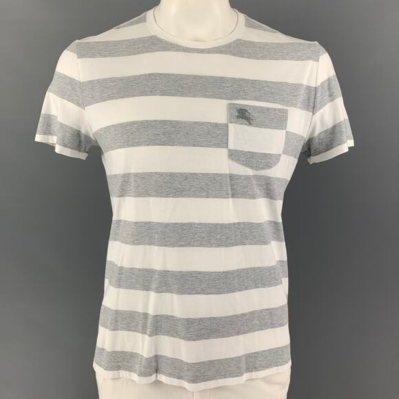 BURBERRY Size L White Grey Stripe Cotton Crew-Neck T-shirt - Picture 1 of 5